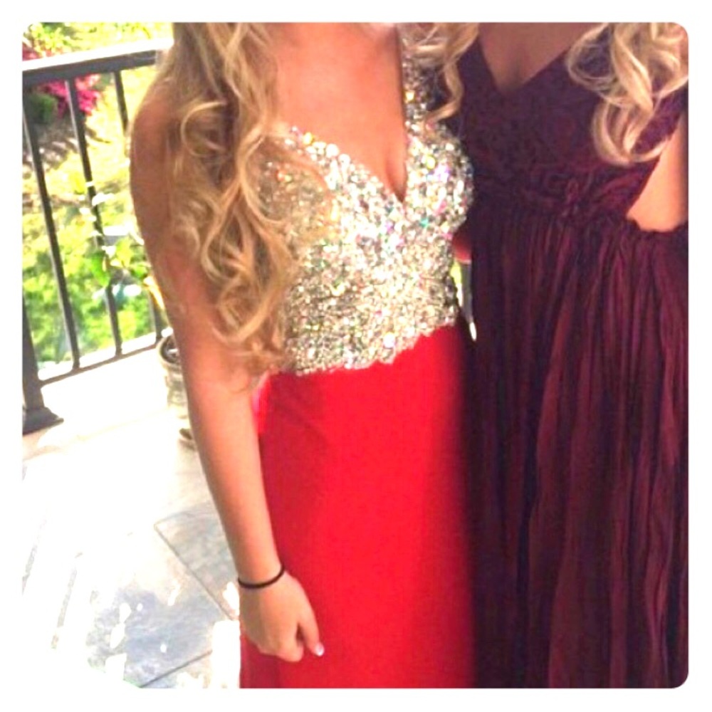 Elegant jeweled Red Sherri Hill Prom Dress w slit